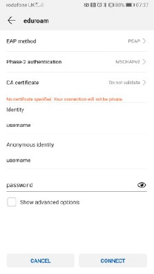 Screenshot of the settings screen on android