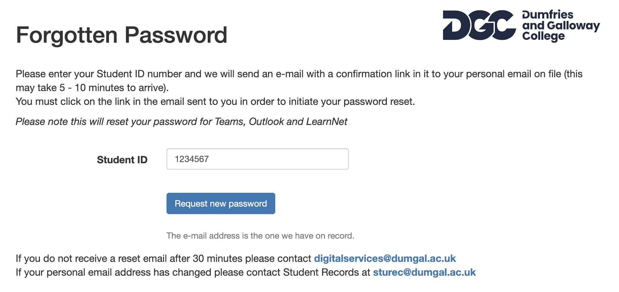 Screenshot of the Forgotten Password page for the college. 