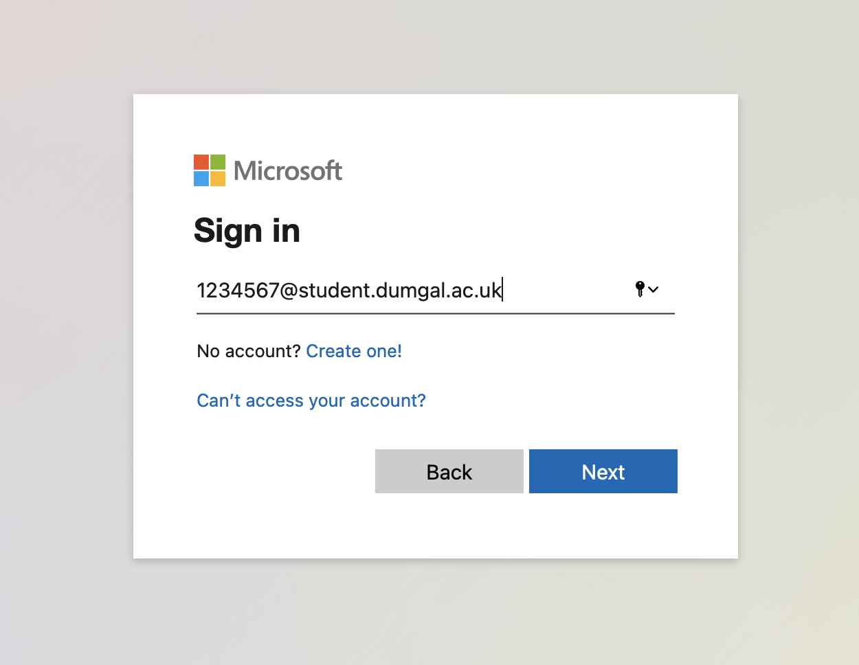 Scrrenshot of the microsoft login form with 1234567@student.dumgal.ac.uk written in the email field.