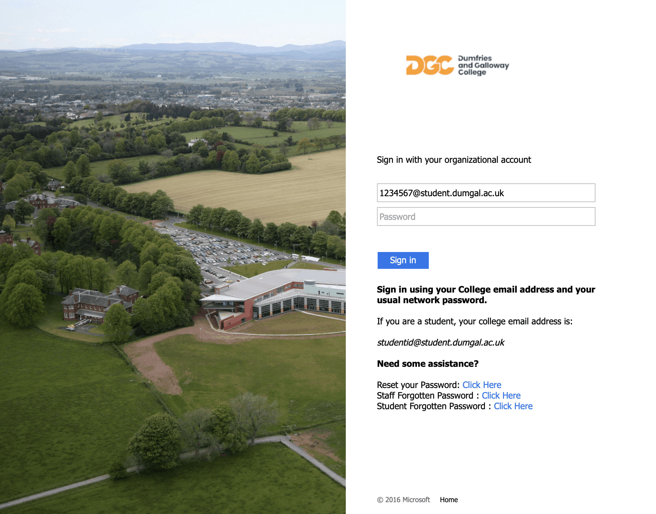 Screenshot of the Dumfries and Galloway College Email Login with 1234567@student.dumgal.ac.uk in the email field