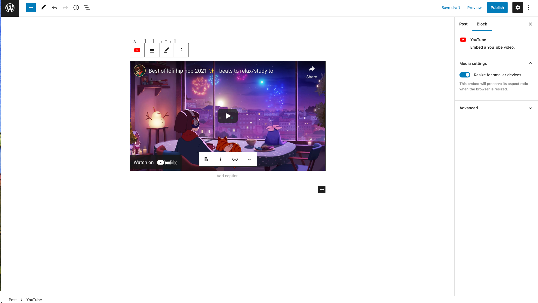 Screenshot of a youtube embed block