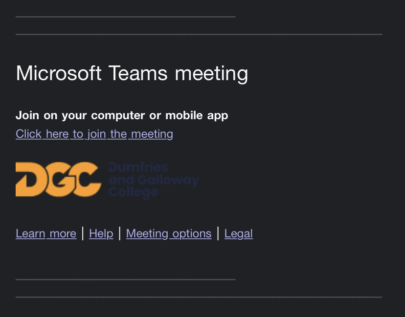 Screenshot of a Microsoft Teams Meeting invite email with the Click here to join the meeting link shown.
