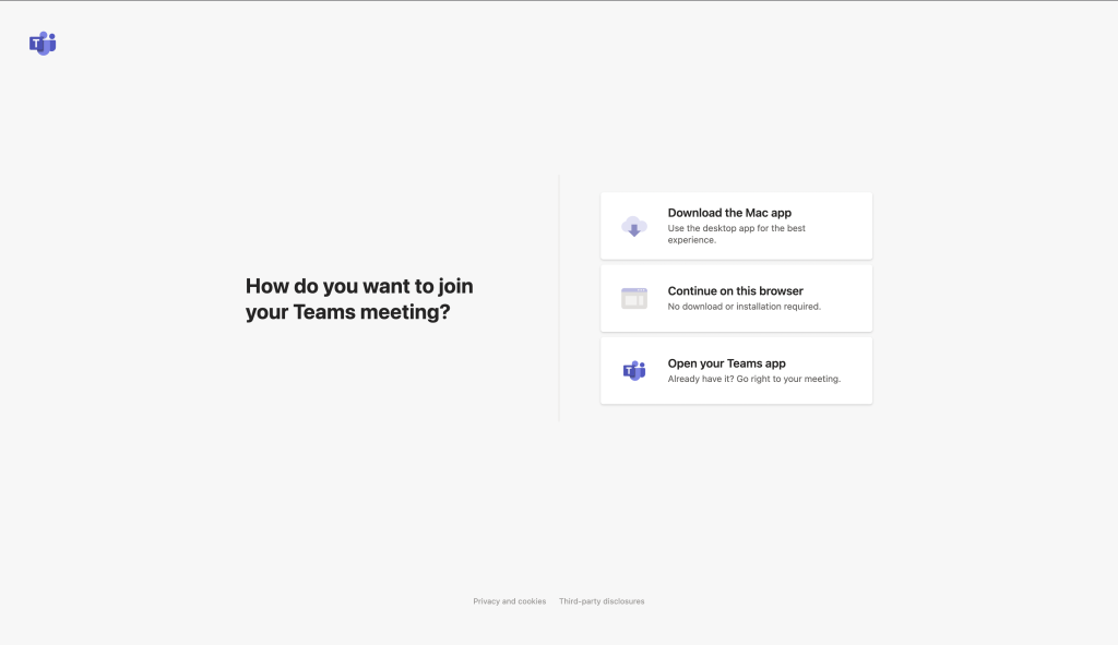 Screen shot of Teams options in browser with the Open in Browser option shown.