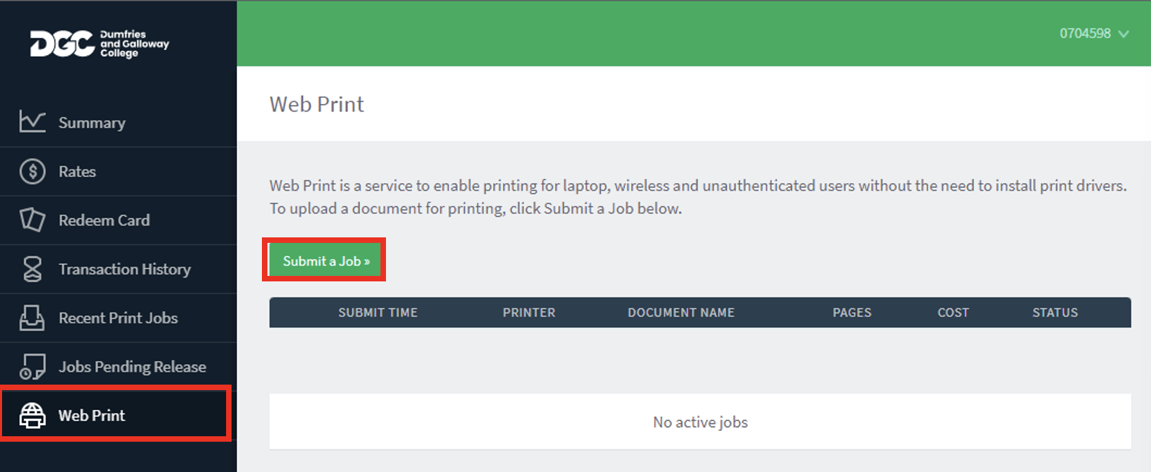Screenshot of Web Print Screen with the submit button highlighted.