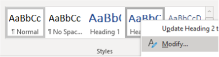 screenshot of modifying headings in word